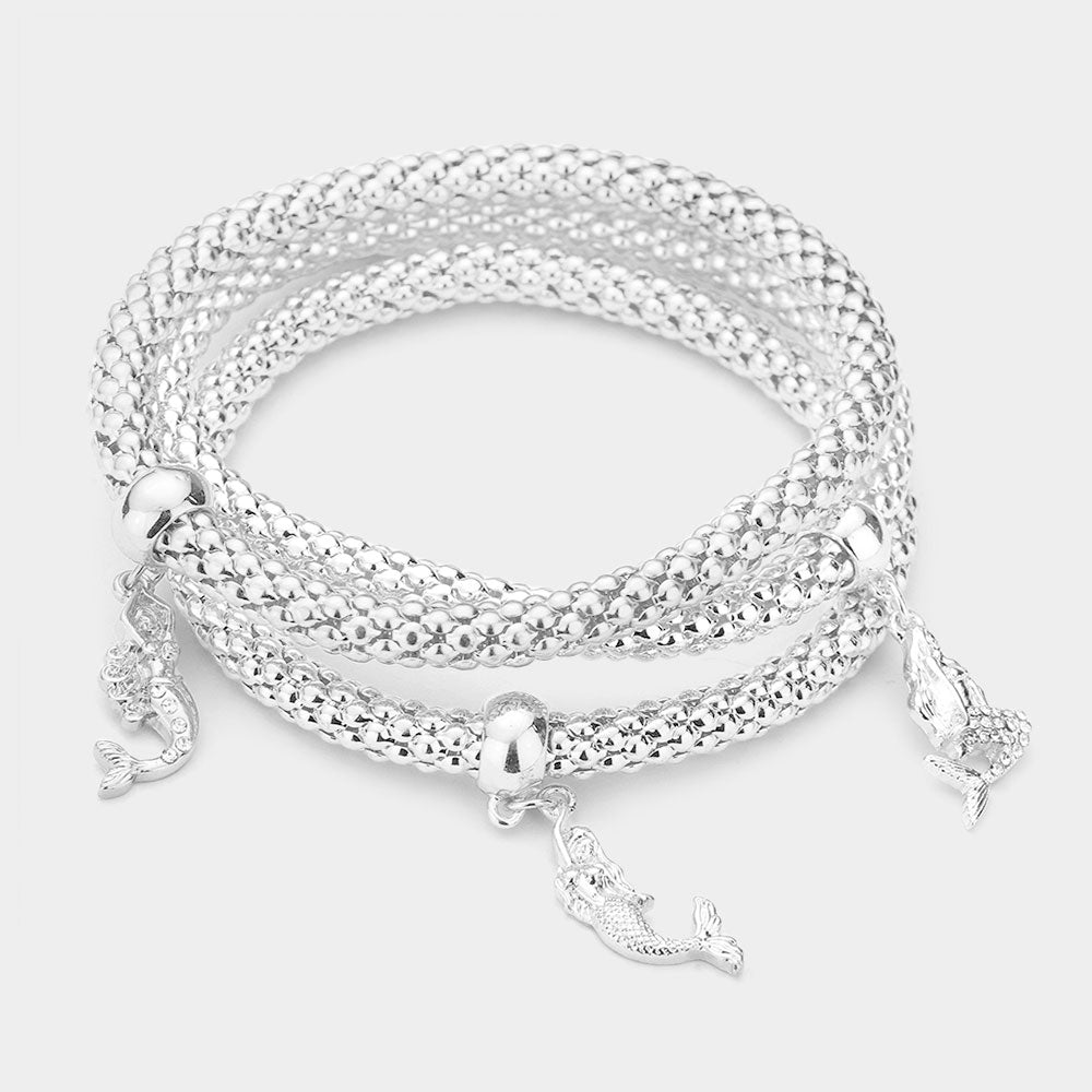 Madeline Love Silver 3PCS - Rhinestone Embellished Metal Mermaid Charm Stretch Bracelets - Jewelry