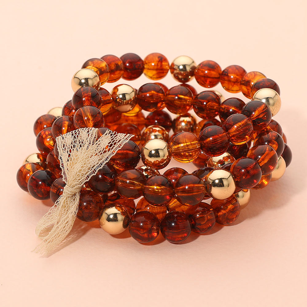 Madeline Love Gold, Tortoise 5PCS - Resin Metal Ball Beaded Stretch Multi Layered Bracelets
