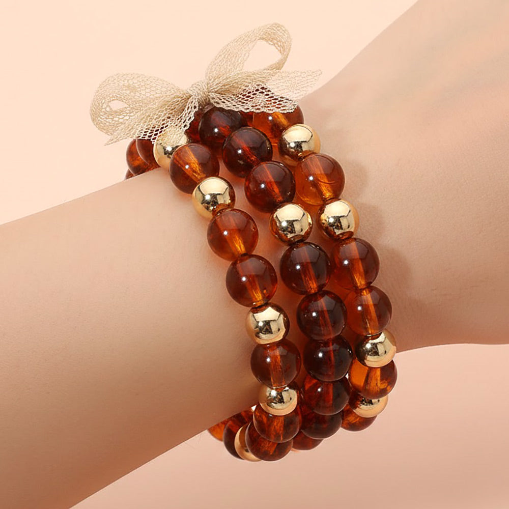 Madeline Love Gold, Tortoise 3PCS- Chunky Metal Resin Ball Beaded Stretch Multi Layered Bracelets