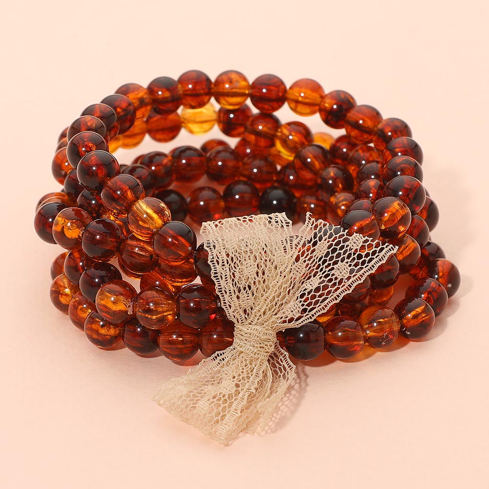 Madeline Love Gold, Tortoise 5PCS - Resin Ball Beaded Stretch Multi Layered Bracelets