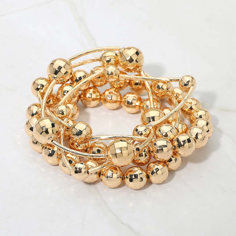 Madeline Love Gold 5PCS - Faceted Polished Ball Bar Beaded Stretch Multi Layered Bracelets