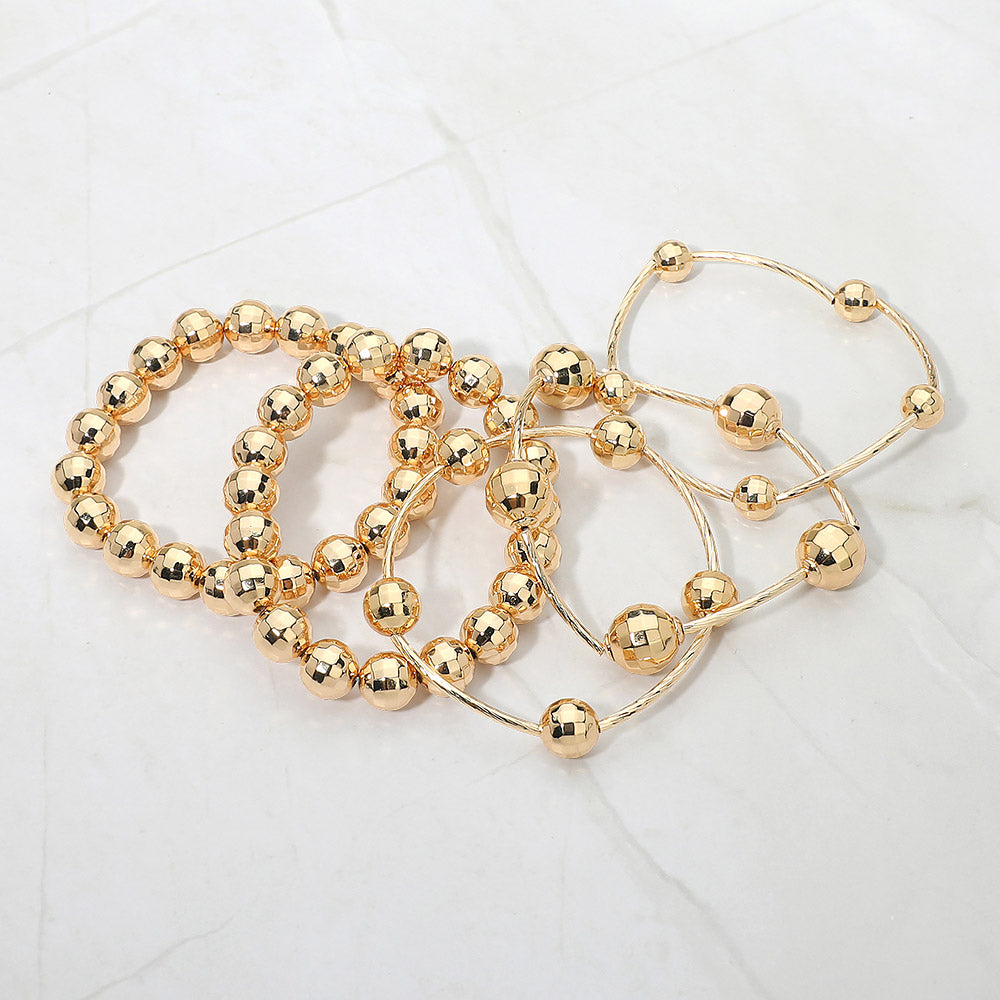 Madeline Love Gold 5PCS - Faceted Polished Ball Bar Beaded Stretch Multi Layered Bracelets - desc