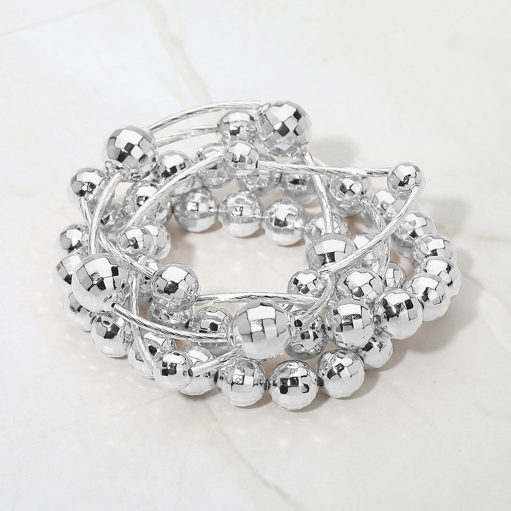 Madeline Love Rhodium 5PCS - Faceted Polished Ball Bar Beaded Stretch Multi Layered Bracelets