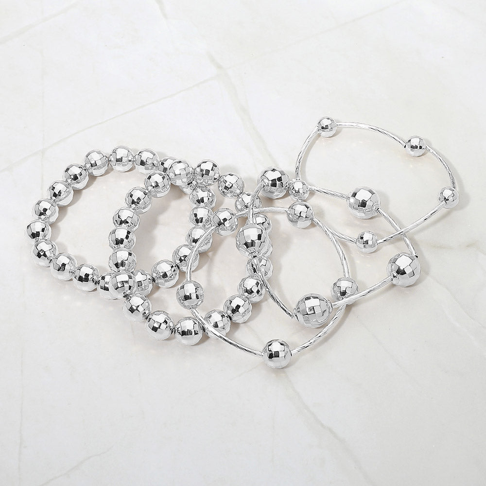 Madeline Love Rhodium 5PCS - Faceted Polished Ball Bar Beaded Stretch Multi Layered Bracelets - desc