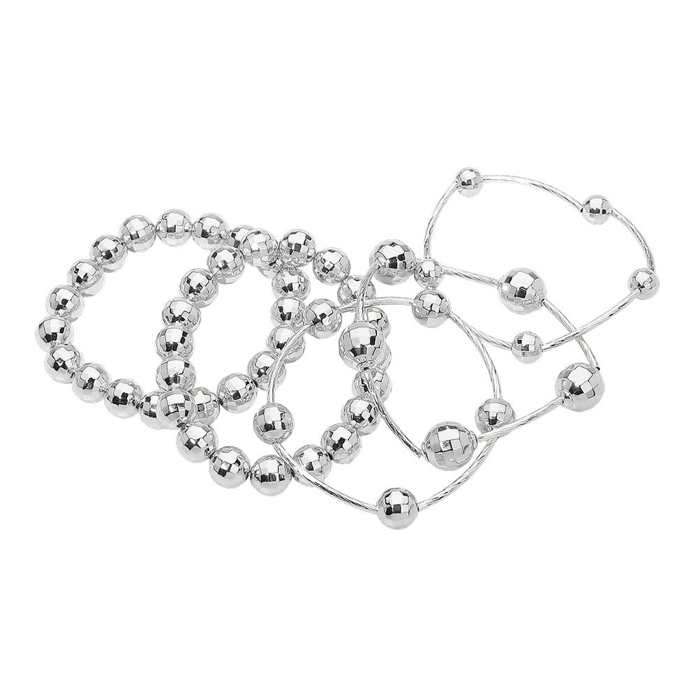 Madeline Love Rhodium 5PCS - Faceted Polished Ball Bar Beaded Stretch Multi Layered Bracelets - extra