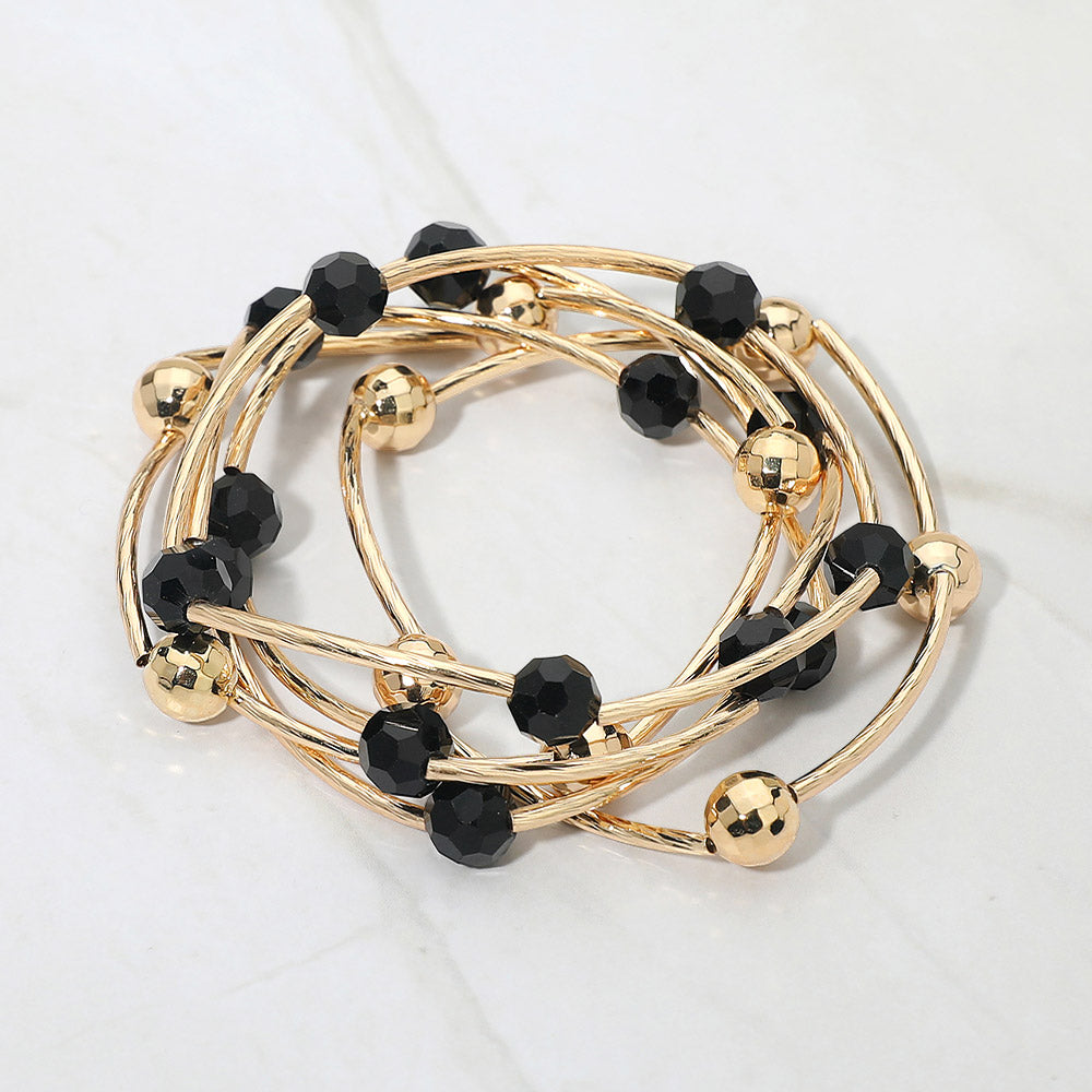 Madeline Love Black, Gold 5PCS - Ball Metal Bar Beaded Stretch Multi Layered Bracelets