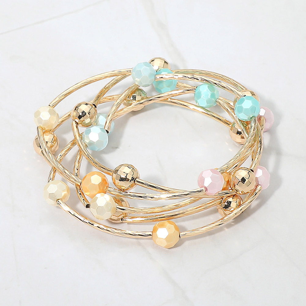 Madeline Love Gold, Multi 5PCS - Ball Metal Bar Beaded Stretch Multi Layered Bracelets