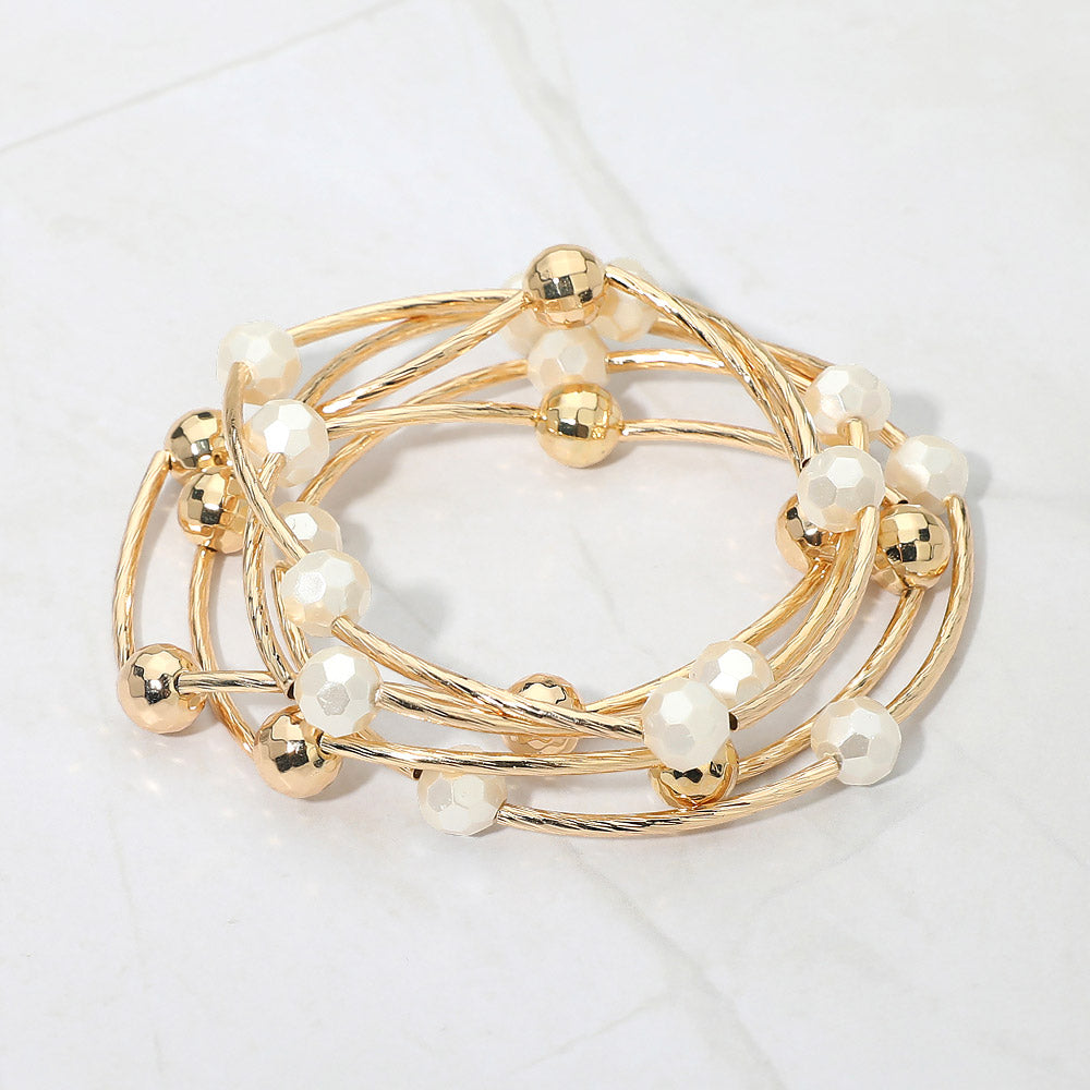 Madeline Love Gold, White 5PCS - Ball Metal Bar Beaded Stretch Multi Layered Bracelets