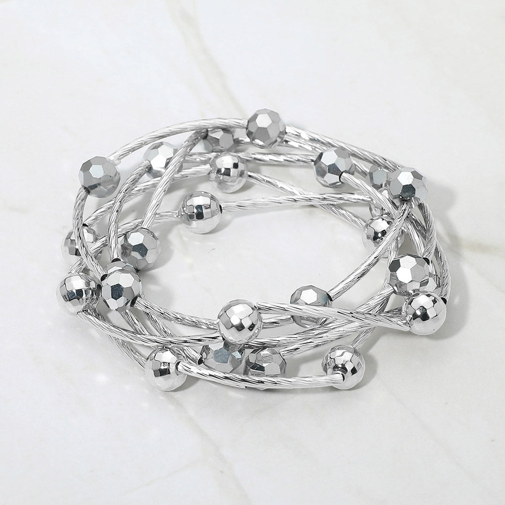 Madeline Love Rhodium 5PCS - Ball Metal Bar Beaded Stretch Multi Layered Bracelets