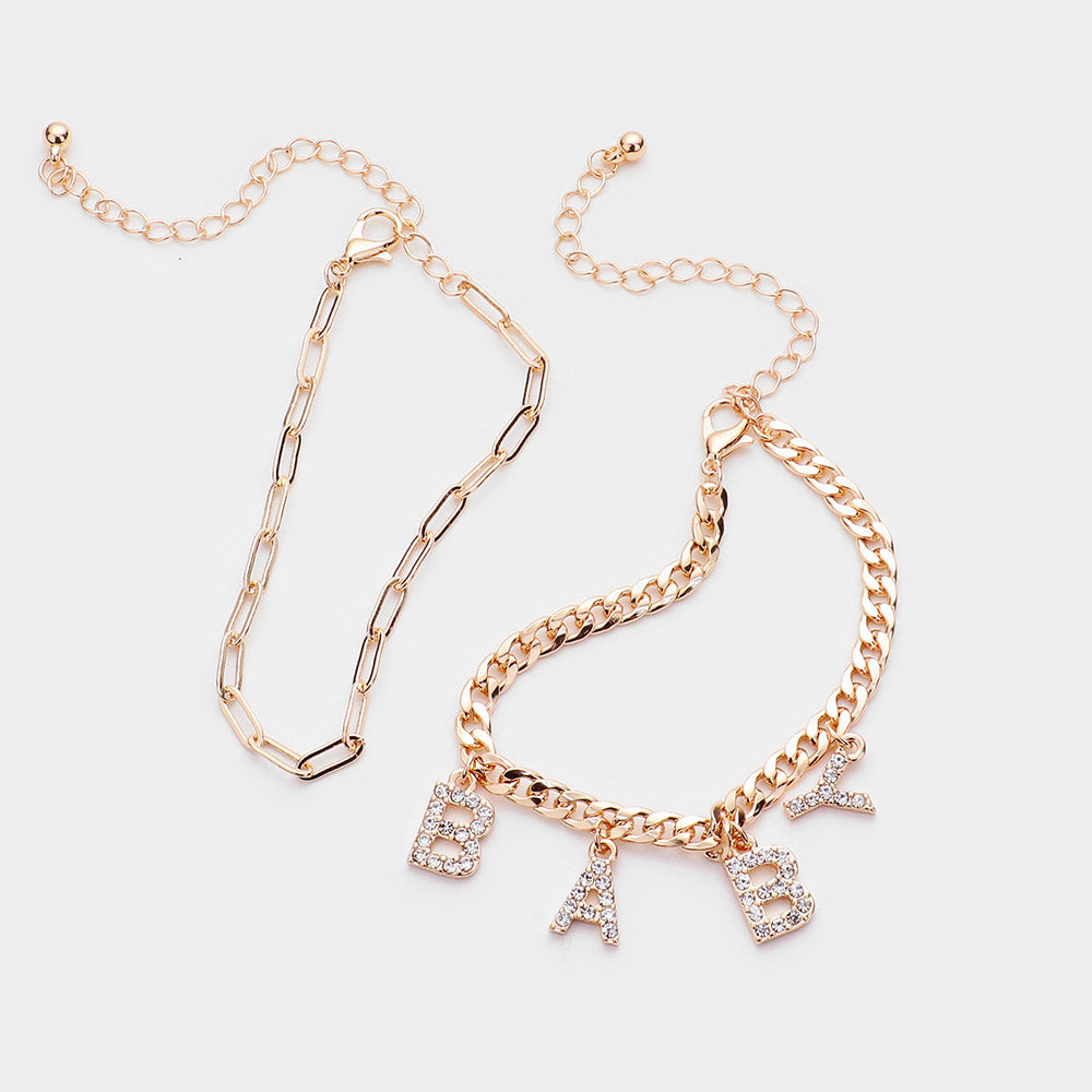 Madeline Love Clear, Gold 2PCS - BABY Rhinestone Embellished Metal Chain Bracelets - desc