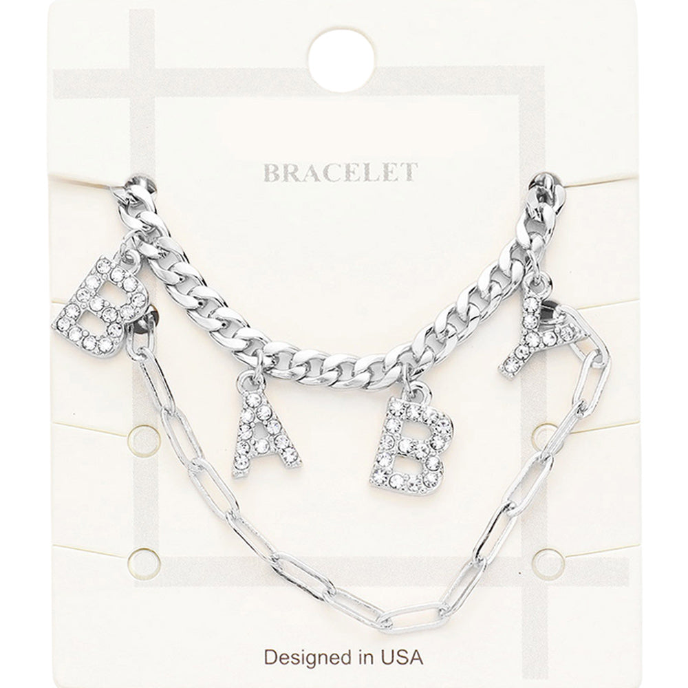 Madeline Love Clear, Rhodium 2PCS - BABY Rhinestone Embellished Metal Chain Bracelets