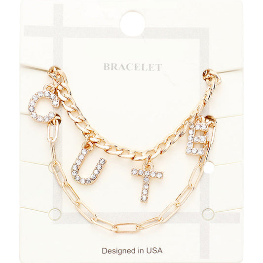Madeline Love Clear, Gold 2PCS - CUTE Rhinestone Embellished Metal Chain Bracelets