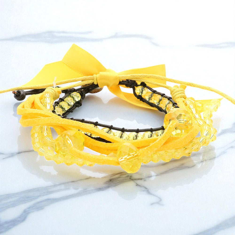 Madeline Love Yellow 2PCS - Bead Faux Suede Adjustable Cinch Pull Tie Bracelets