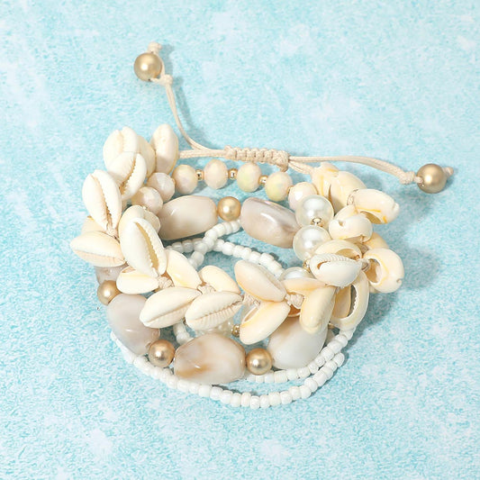 Madeline Love Ivory 5PCS - Shell Beaded Adjustable Pearl PEbble Beades Stretch Multi Layered Bracelets