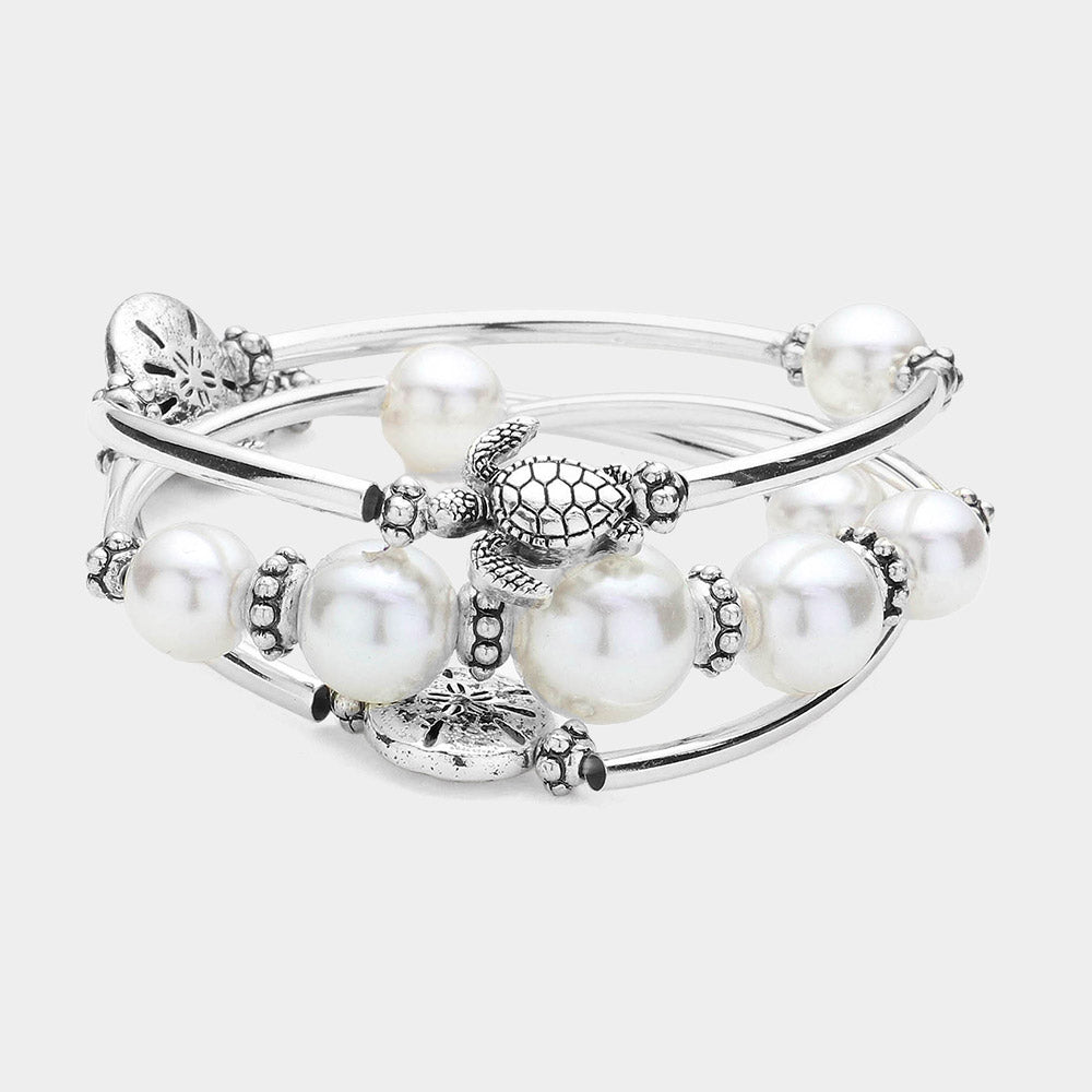 Antique Silver, White 3PCS - Antique Metal Sea Turtle Sand Dollar Pointed Pearl Stretch Multi Layered Bracelets