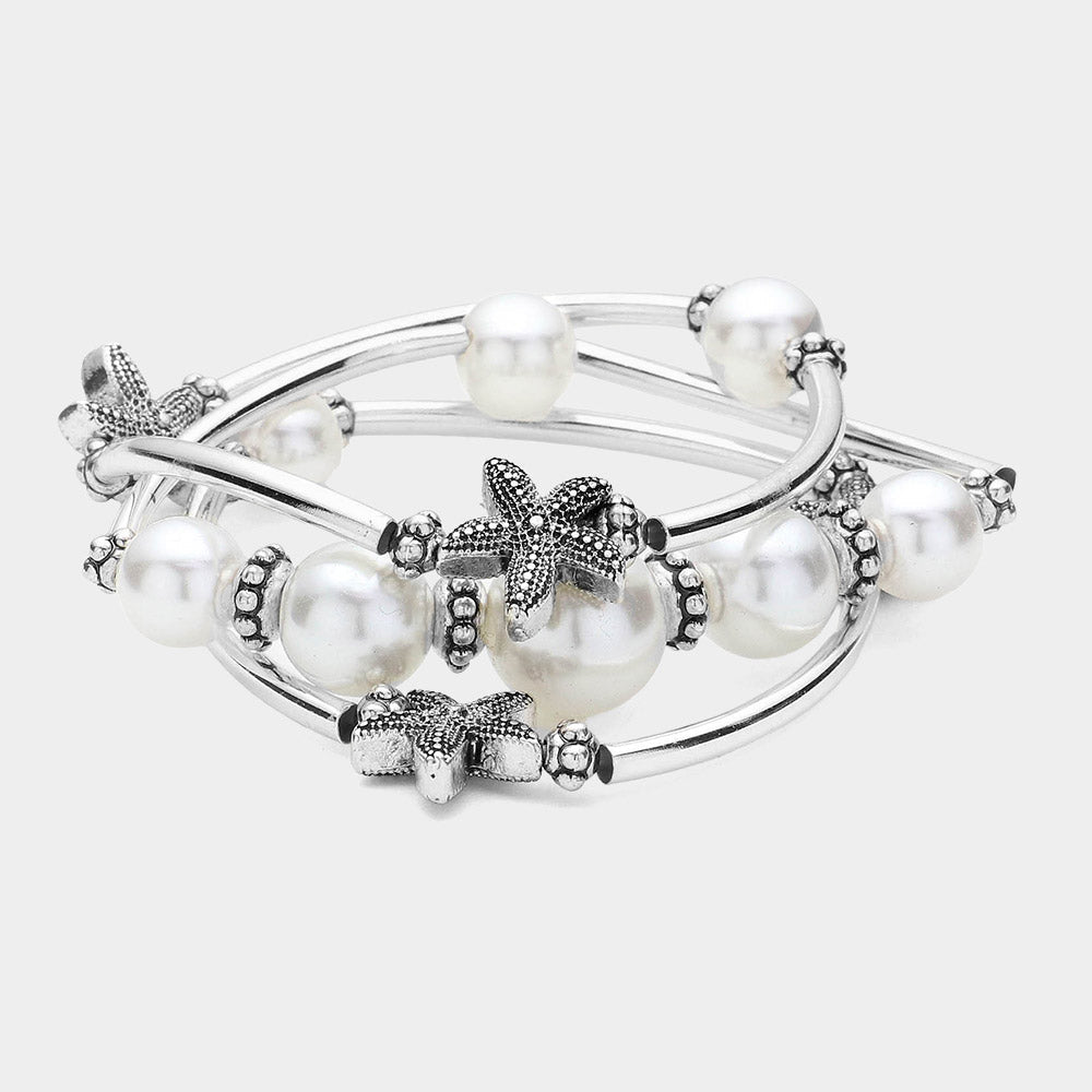 Antique Silver, White 3PCS - Antique Silver Starfish Pointed Pearl Stretch Multi Layered Bracelets