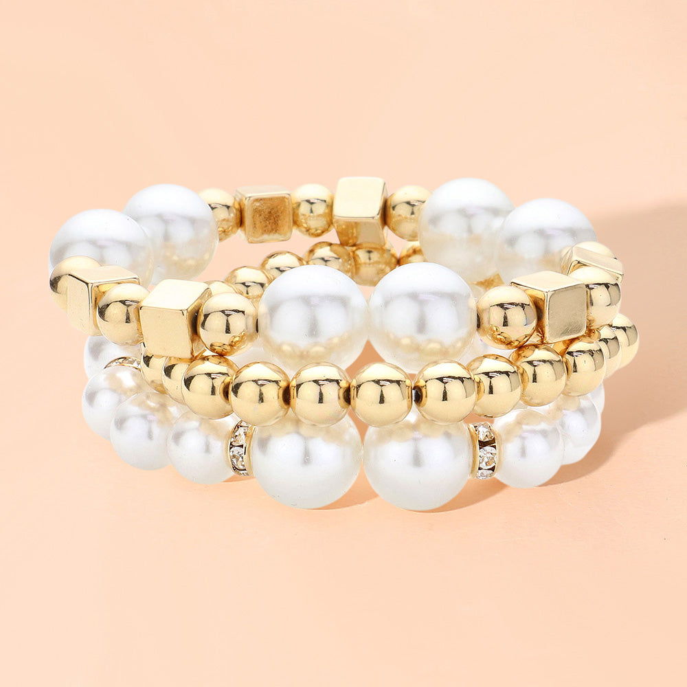 Madeline Love Gold 3PCS - Pearl Metal Ball Beaded Stretch Multi Layered Bracelets