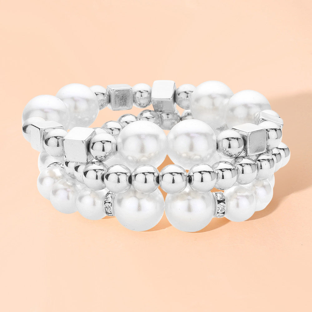 Madeline Love Rhodium 3PCS - Pearl Metal Ball Beaded Stretch Multi Layered Bracelets