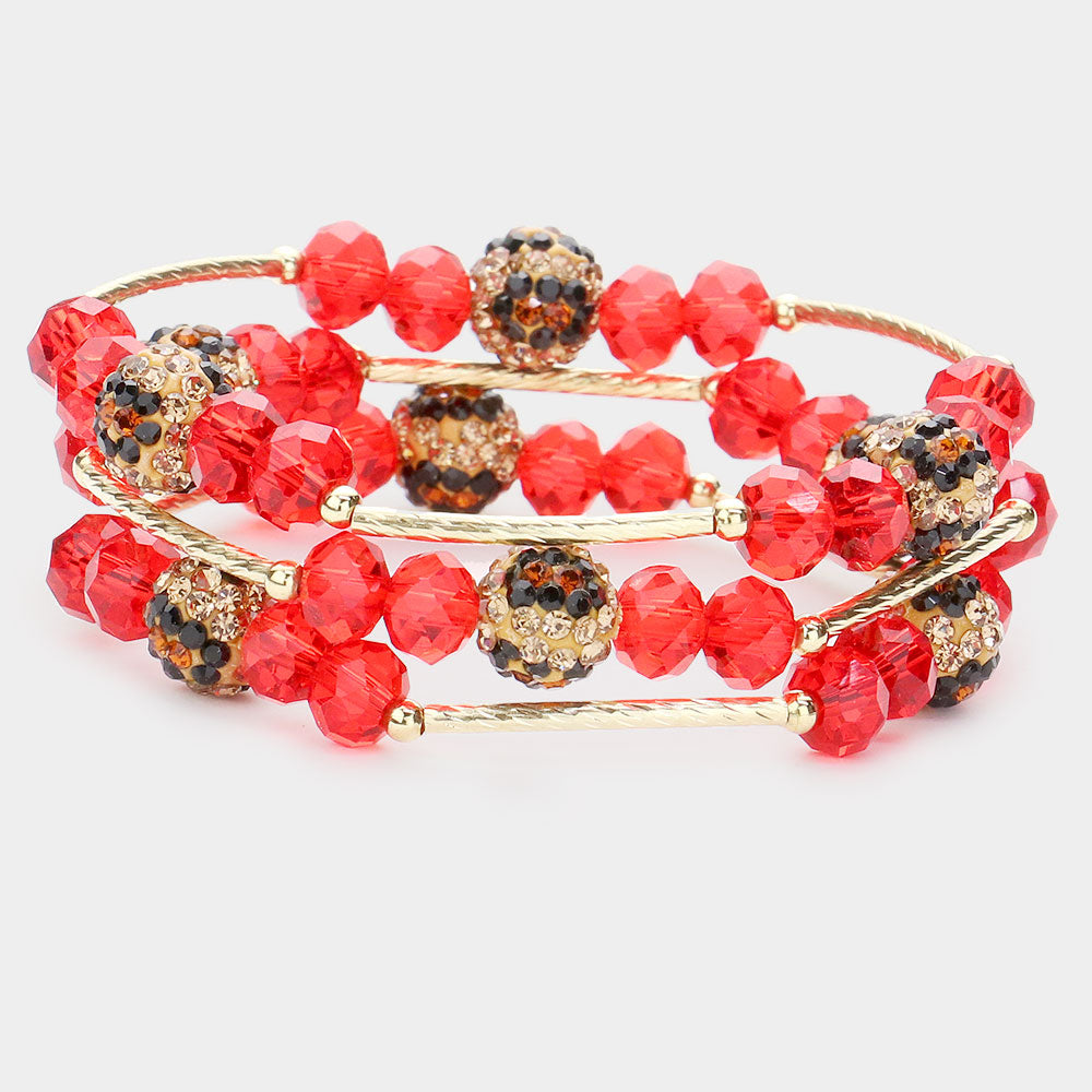 Madeline Love Light, Red 3PCS - Leopard Patterned Shamballa Ball Faceted Beaded Stretch Bracelets