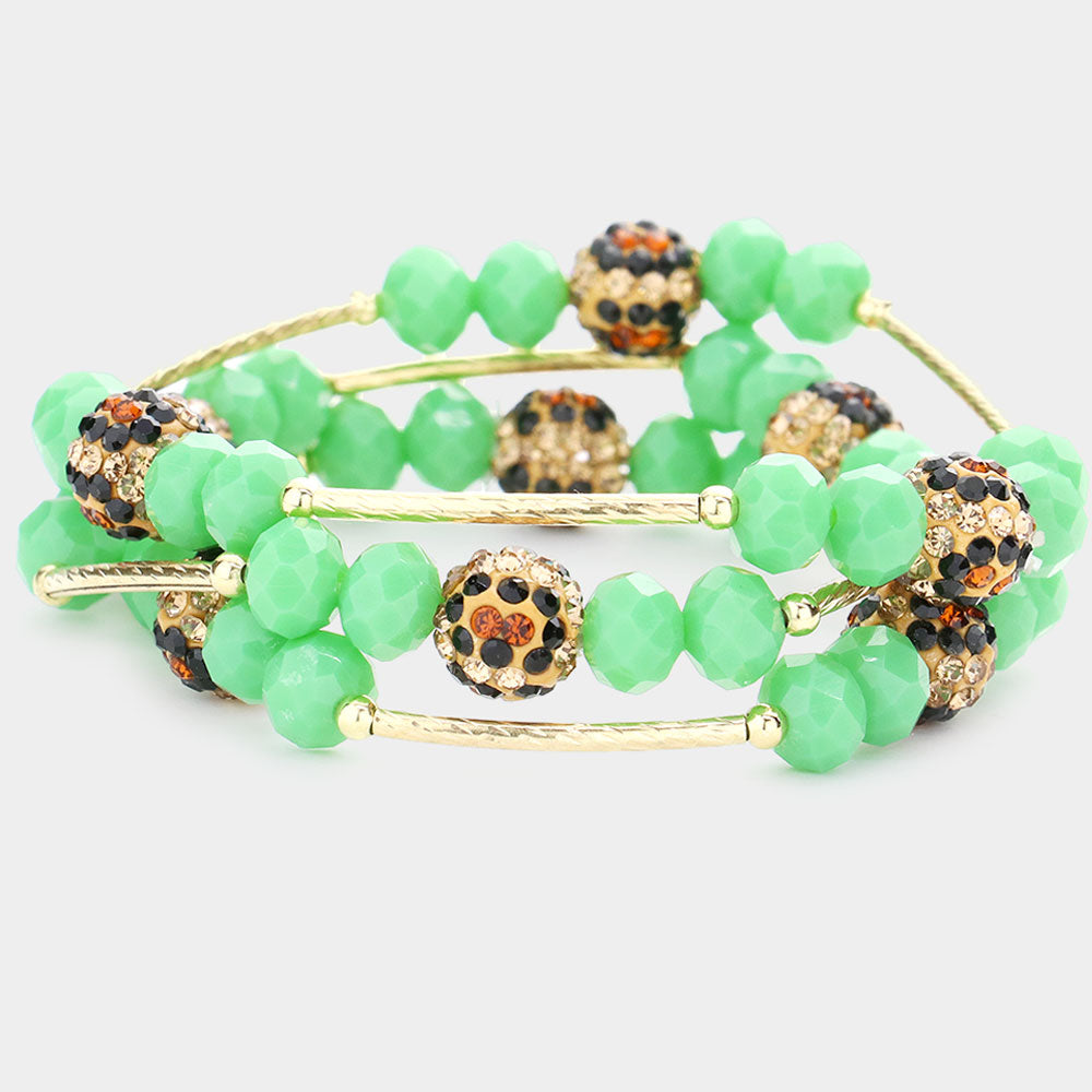 Madeline Love Green 3PCS - Leopard Patterned Shamballa Ball Faceted Beaded Stretch Bracelets