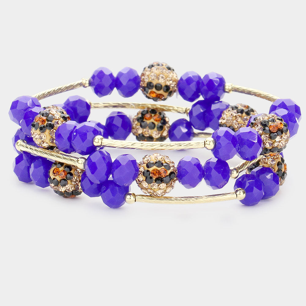 Madeline Love Royal Blue 3PCS - Leopard Patterned Shamballa Ball Faceted Beaded Stretch Bracelets
