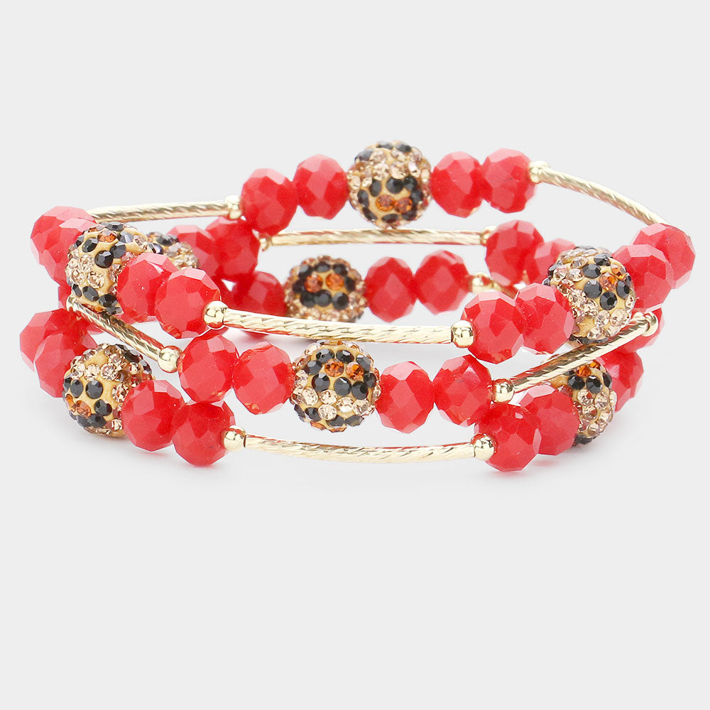 Madeline Love Red 3PCS - Leopard Patterned Shamballa Ball Faceted Beaded Stretch Bracelets