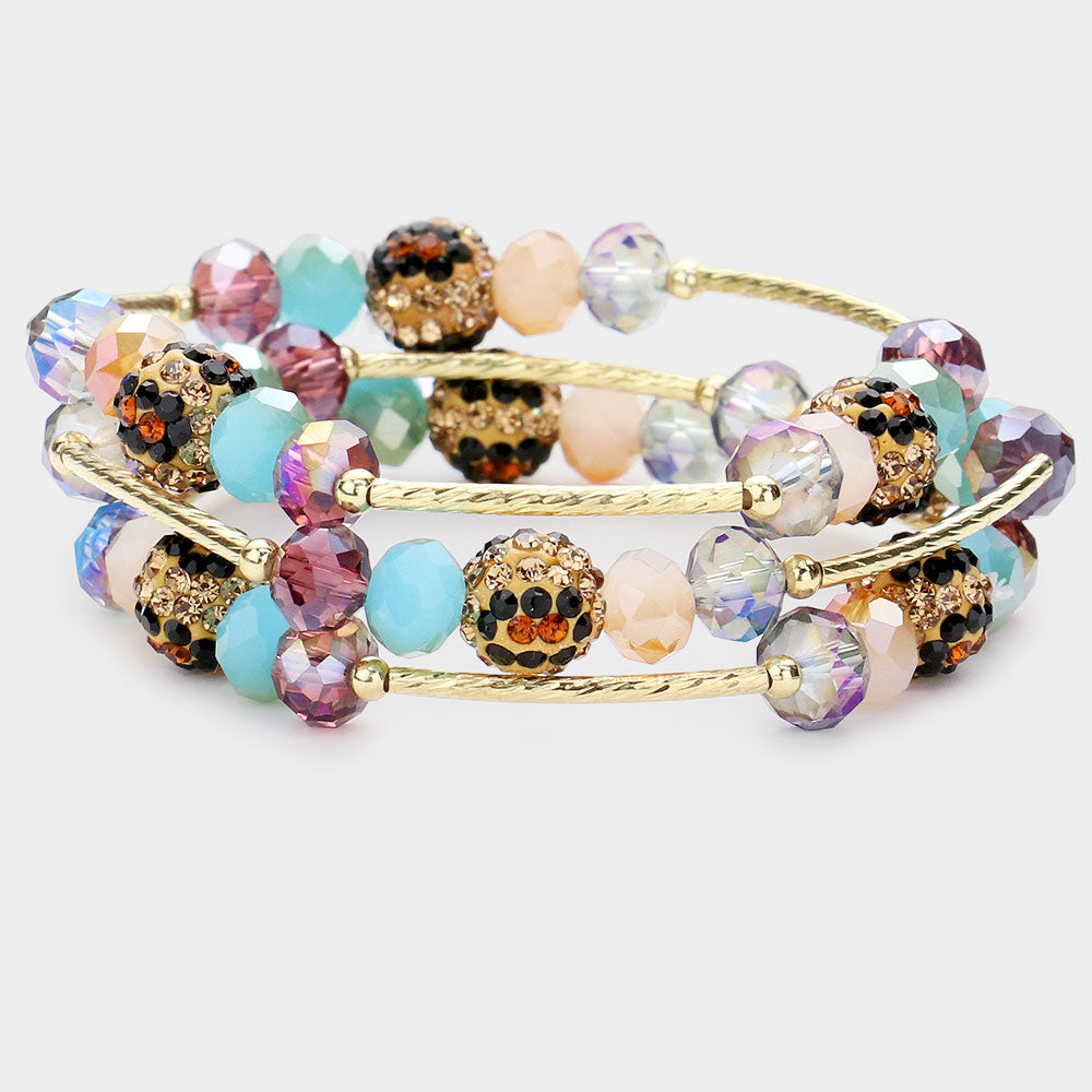 Madeline Love Light, Multi 3PCS - Leopard Patterned Shamballa Ball Faceted Beaded Stretch Bracelets