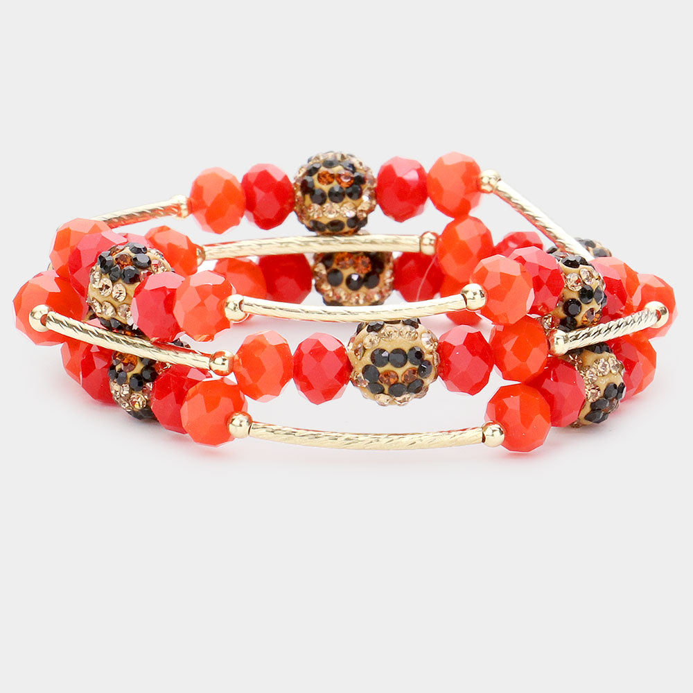 Madeline Love Orange, Red 3PCS - Leopard Patterned Shamballa Ball Faceted Beaded Stretch Bracelets