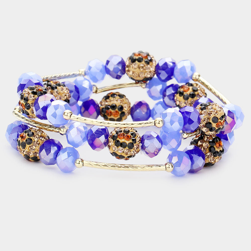 Madeline Love Blue, Multi 3PCS - Leopard Patterned Shamballa Ball Faceted Beaded Stretch Bracelets