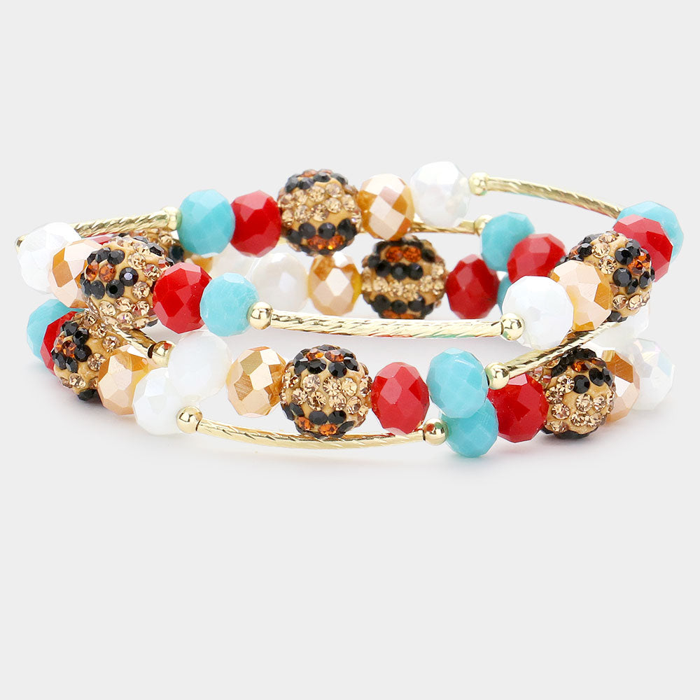 Madeline Love Multi 3PCS - Leopard Patterned Shamballa Ball Faceted Beaded Stretch Bracelets