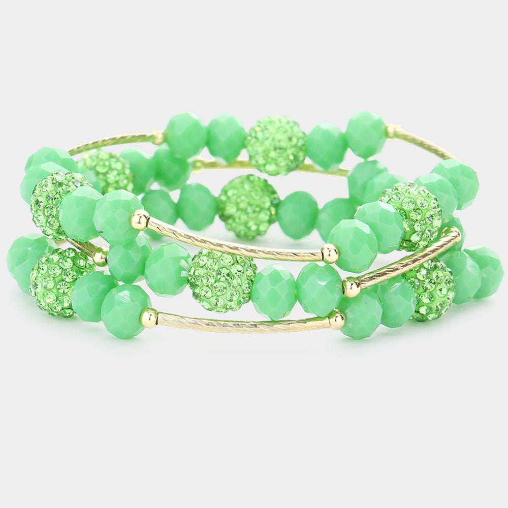 Madeline Love Green 3PCS - Shamballa Ball Faceted Beaded Stretch Bracelets