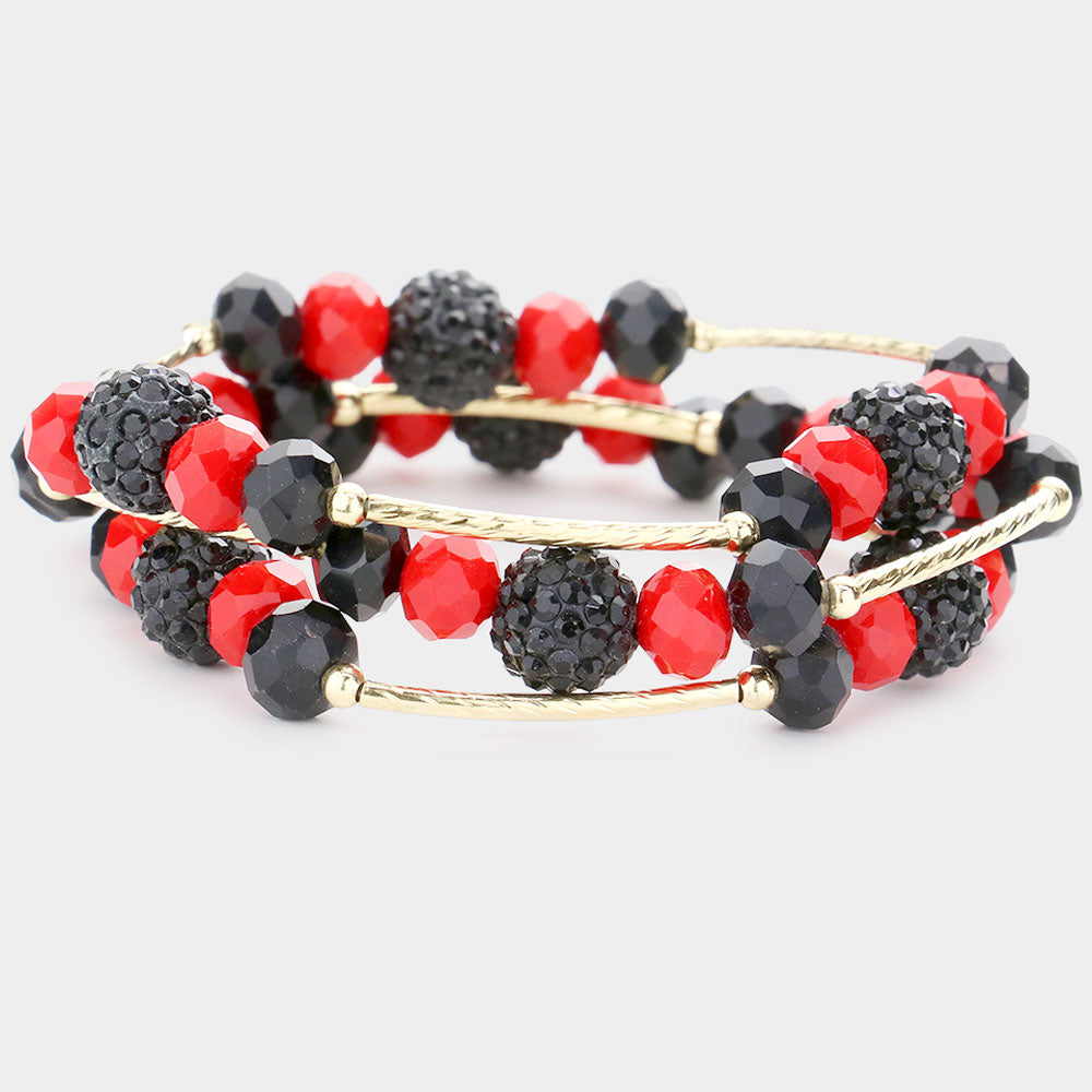 Madeline Love Black, Red 3PCS - Shamballa Ball Faceted Beaded Stretch Bracelets