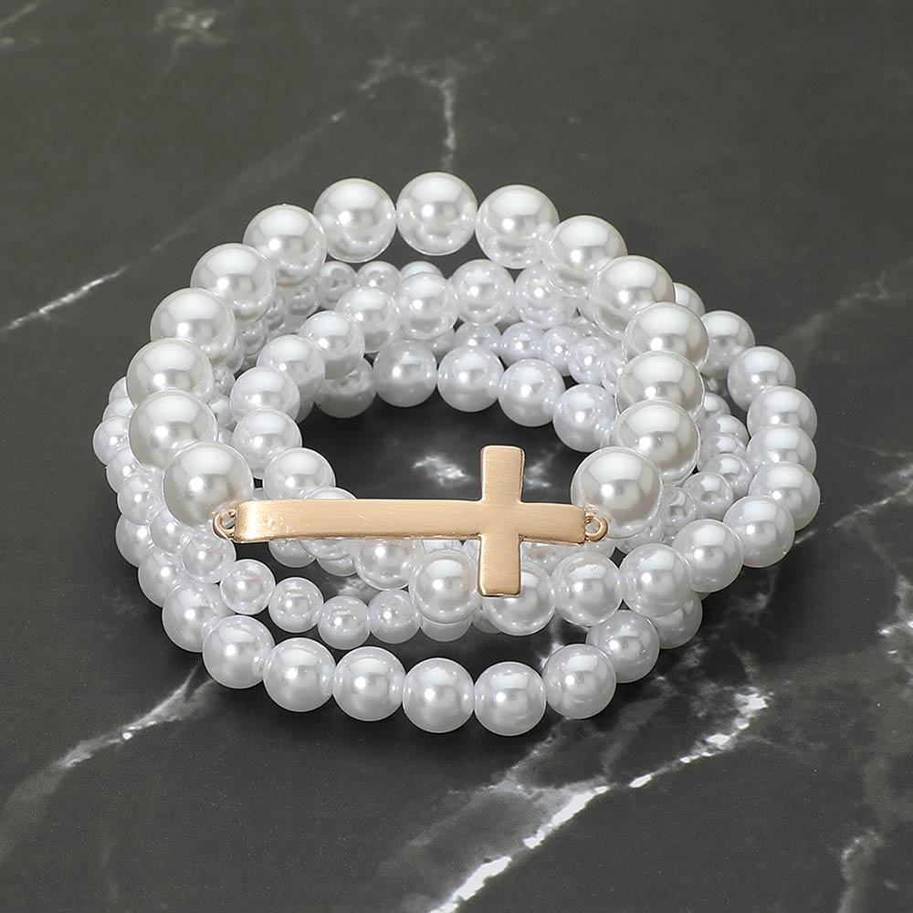 Madeline Love Cream, Matte gold 5PCS - Cross Accent Pearl Beaded Stretch Multi Layered Bracelets