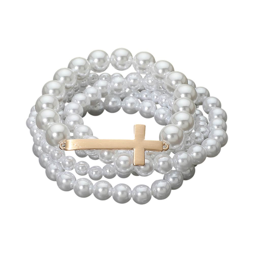 Madeline Love Cream, Matte gold 5PCS - Cross Accent Pearl Beaded Stretch Multi Layered Bracelets - desc