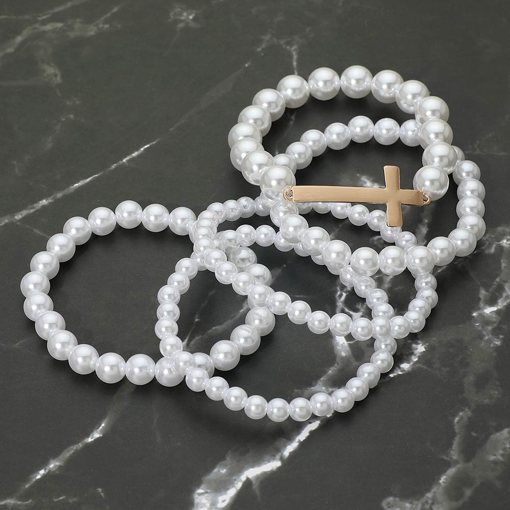 Madeline Love Cream, Matte gold 5PCS - Cross Accent Pearl Beaded Stretch Multi Layered Bracelets - extra