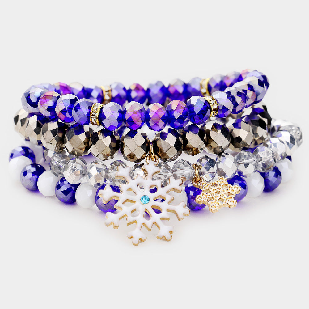 Antique Gold, Blue Elevate your winter look with this 4PCS Snowflake Crystal Bead Stretch Layered Bracelet set, featuring sparkling crystal beads and elegant snowflake charms. The stretch-fit design offers comfortable wear, making these layered bracelets perfect for holiday parties, seasonal outfits, and everyday festive style.