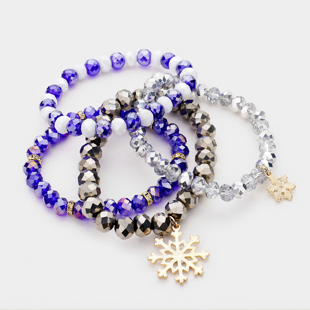 Antique Gold, Blue Elevate your winter look with this 4PCS Snowflake Crystal Bead Stretch Layered Bracelet set, featuring sparkling crystal beads and elegant snowflake charms. The stretch-fit design offers comfortable wear, making these layered bracelets perfect for holiday parties, seasonal outfits, and everyday festive style.