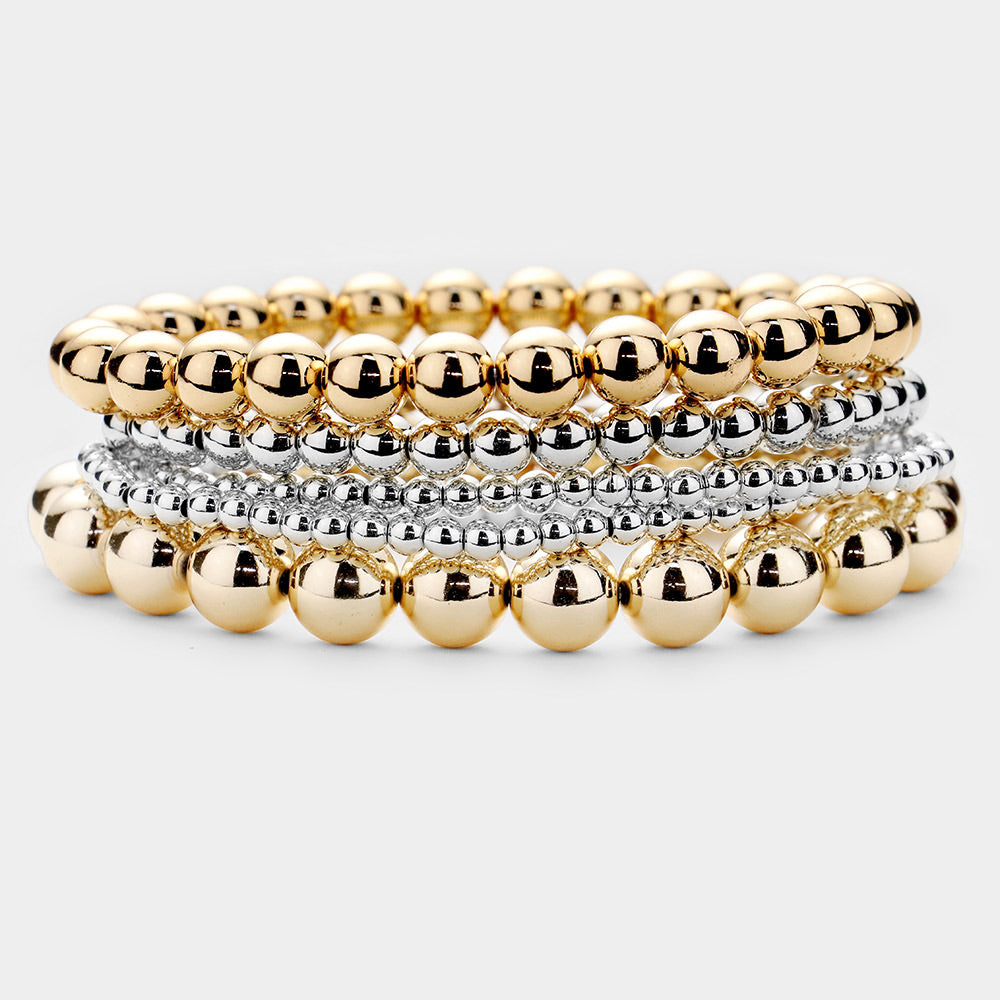 Madeline Love Gold, Silver 5PCS - Metal Ball Beaded Stretch Bracelets
