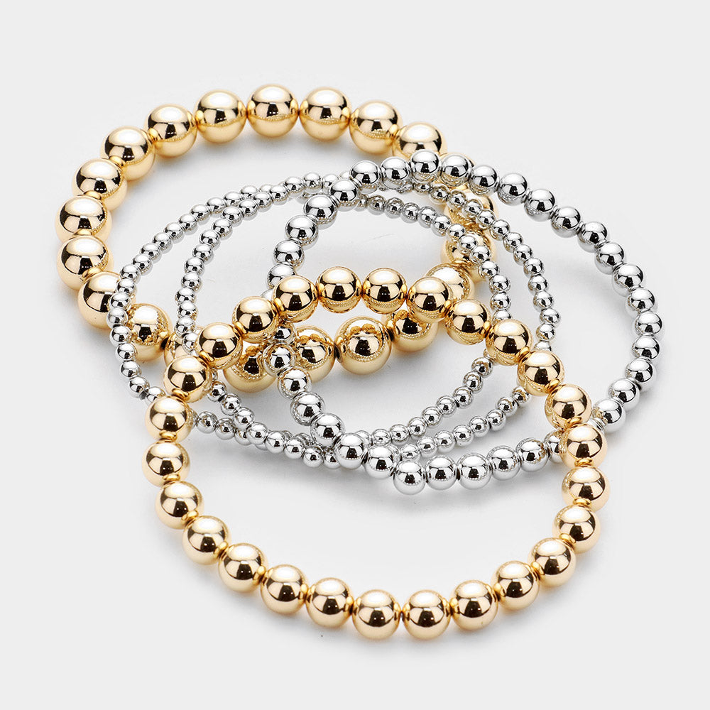 Madeline Love Gold, Silver 5PCS - Metal Ball Beaded Stretch Bracelets - desc