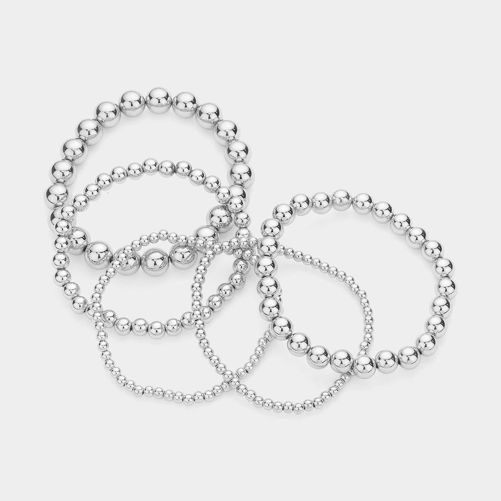Madeline Love Rhodium 5PCS - Metal Ball Beaded Stretch Bracelets - desc