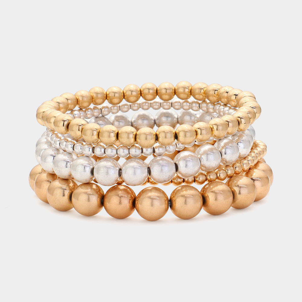 Madeline Love Worn Gold, Worn Silver 5PCS - Metal Ball Beaded Stretch Bracelets