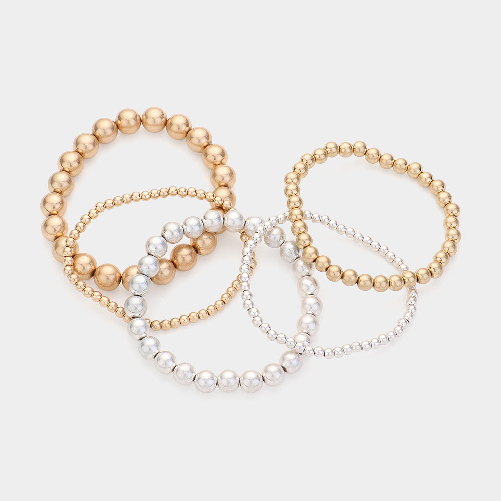 Madeline Love Worn Gold, Worn Silver 5PCS - Metal Ball Beaded Stretch Bracelets - desc