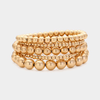 Madeline Love Worn Gold 5PCS - Metal Ball Beaded Stretch Bracelets