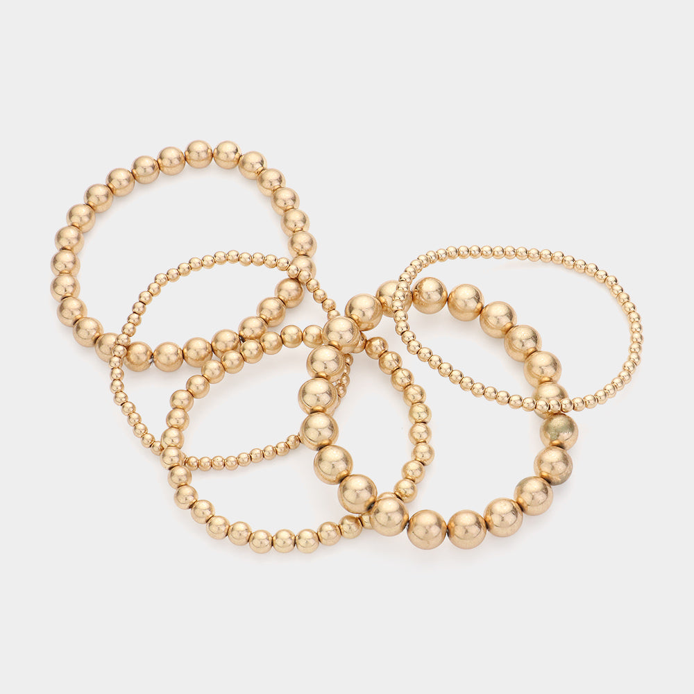 Madeline Love Worn Gold 5PCS - Metal Ball Beaded Stretch Bracelets - desc