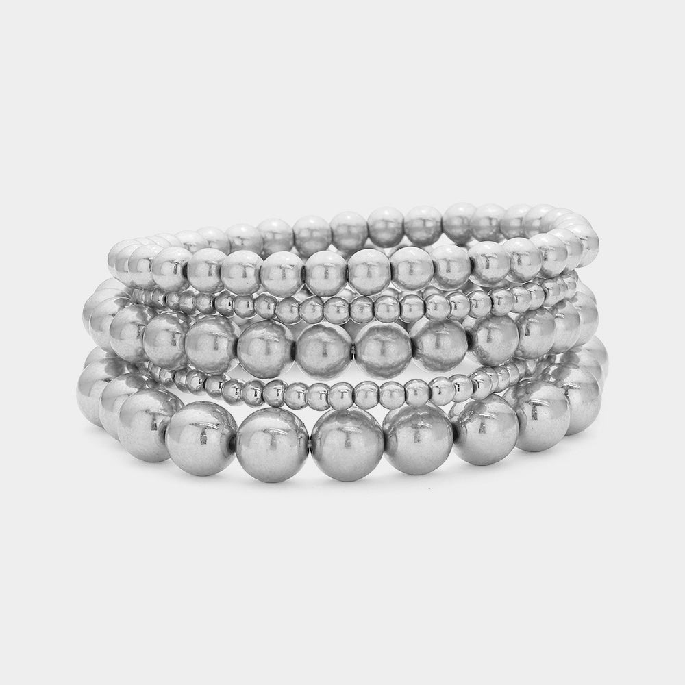 Madeline Love Worn Silver 5PCS - Metal Ball Beaded Stretch Bracelets