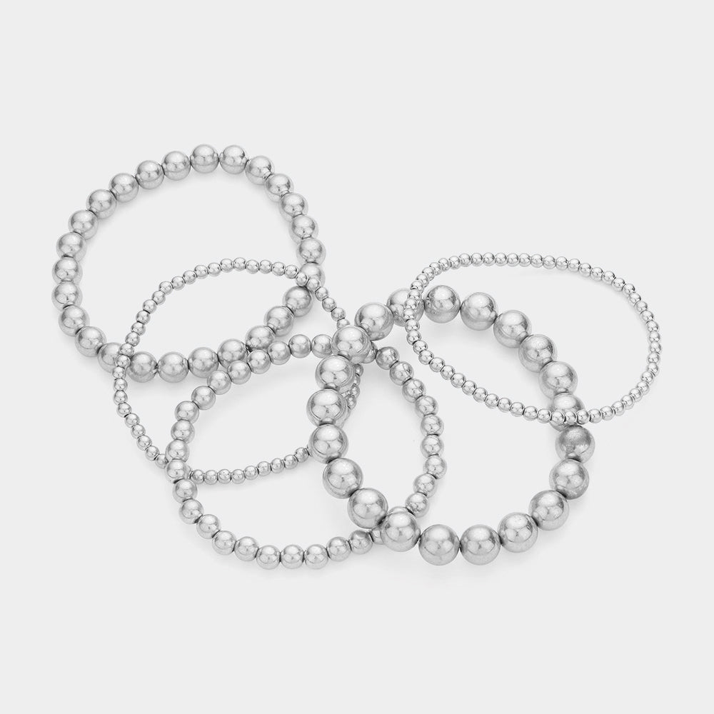 Madeline Love Worn Silver 5PCS - Metal Ball Beaded Stretch Bracelets - desc