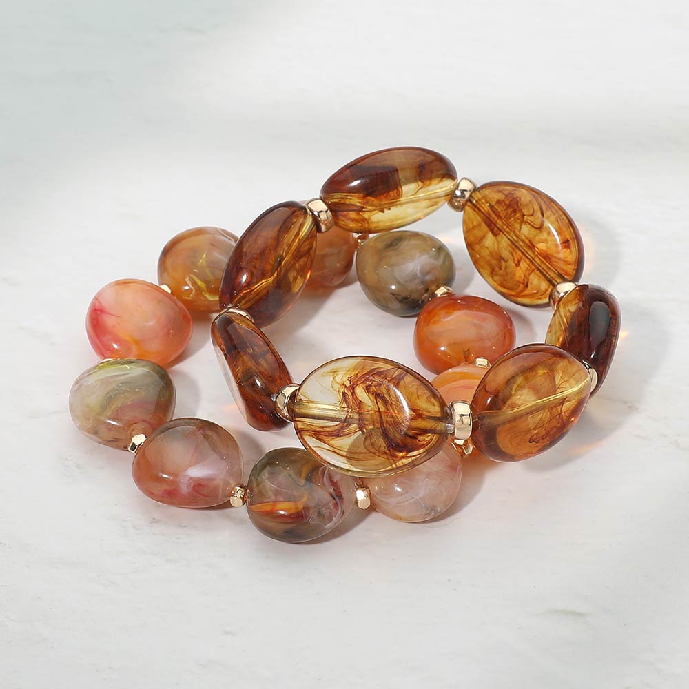 Madeline Love Brown 2PCS - Marbled Resin Pebble Beaded Stretch Multi Layered Bracelets