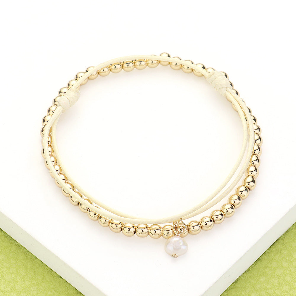 Madeline Love Gold, Ivory 2PCS - Metal Ball Stretch Pearl Charm Adjustable Bracelets