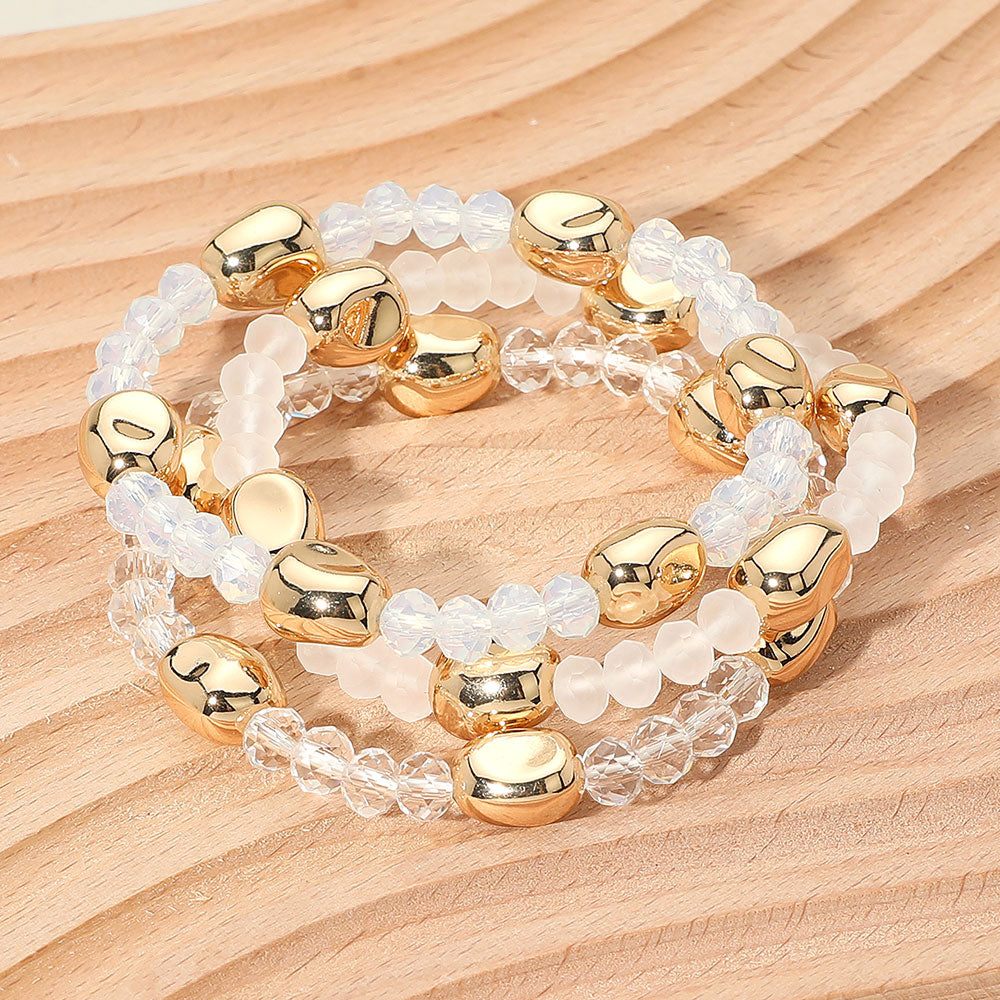 Madeline Love Clear, Gold 3PCS - Worn Metal Pebble Beaded Stretch Multi Layered Bracelets