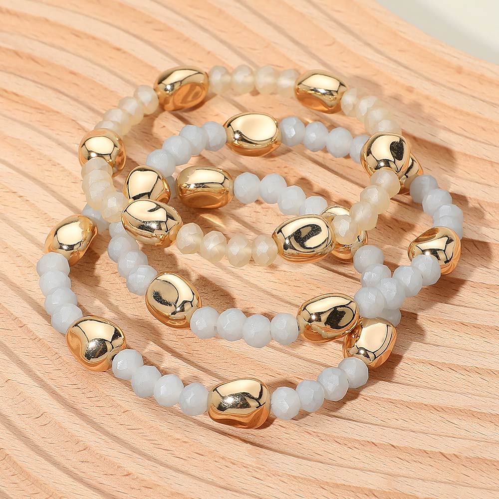 Madeline Love Gold, Neutral 3PCS - Worn Metal Pebble Beaded Stretch Multi Layered Bracelets